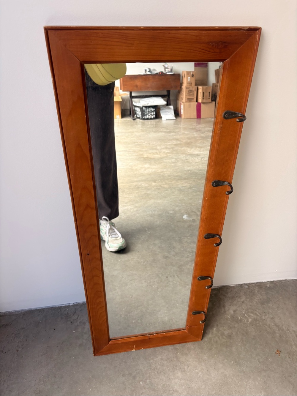 Wood Frame Wall Mirror with Five Hooks - Brown